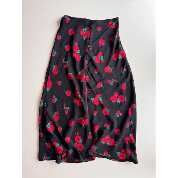 ZARA Black Rose Print Button Front A-Line Midi Slip Skirt, Size XS - Picture 6 of 14